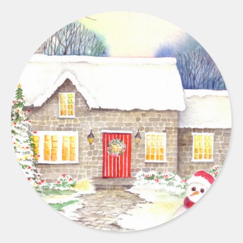 Snowy Cottage Classic Round Sticker