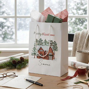 Snowy Cottage Custom Merry Christmas Medium Gift Bag