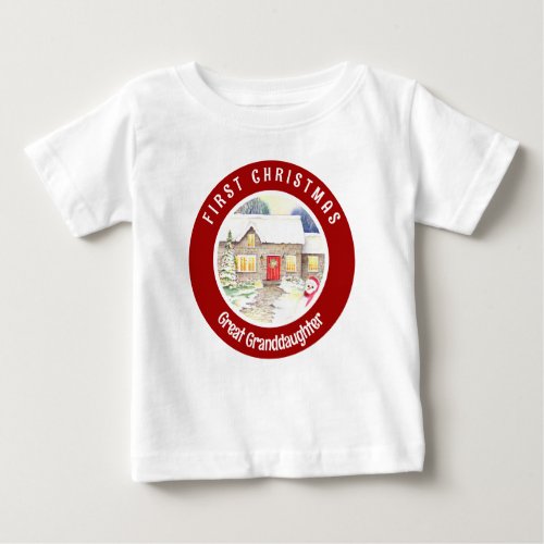 Snowy Cottage First Christmas Red Circle Baby T_Shirt