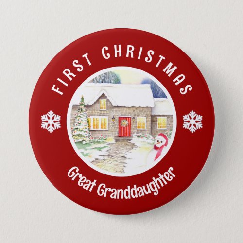 Snowy Cottage First Christmas Red Circle Button