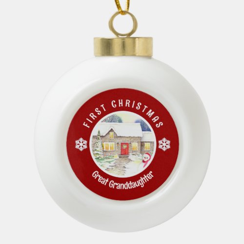 Snowy Cottage First Christmas Red Circle Ceramic Ball Christmas Ornament