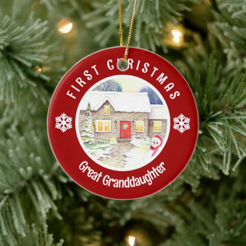 Snowy Cottage First Christmas Red Circle Ceramic Ornament