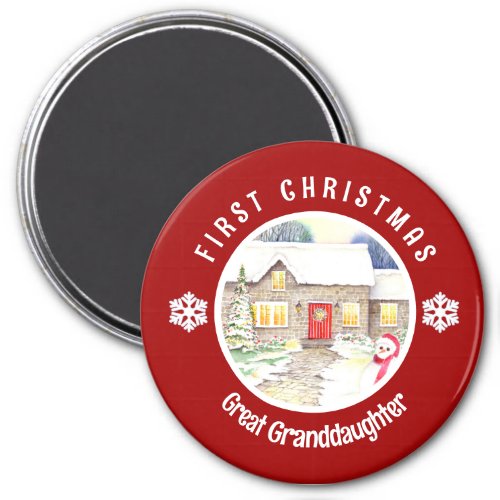 Snowy Cottage First Christmas Red Circle Magnet