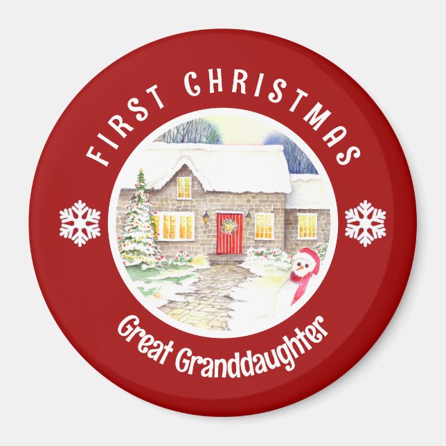 Snowy Cottage First Christmas Red Circle Magnet (Front)