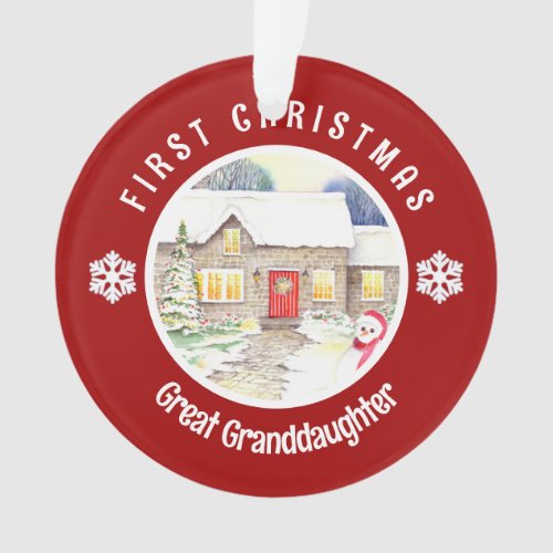 Snowy Cottage First Christmas Red Circle Ornament