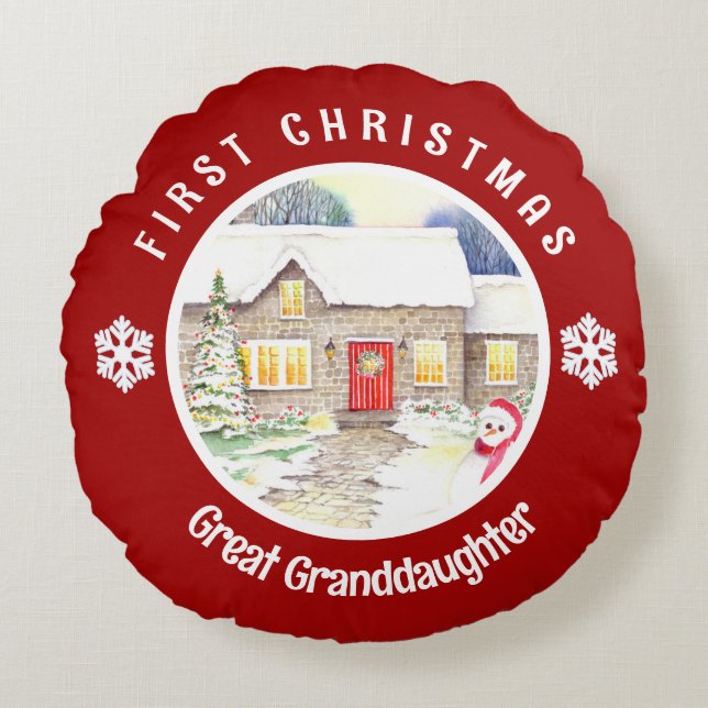 Snowy Cottage First Christmas Red Circle Round Pillow (Front)