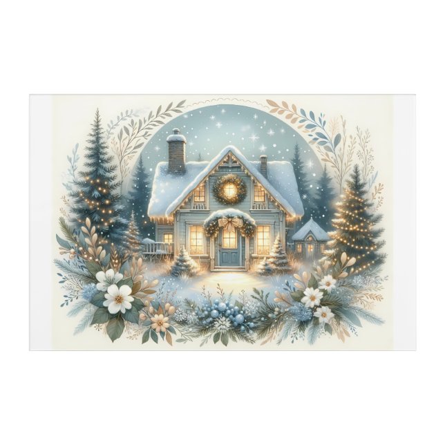 Snowy Cottage Glow Scene Acrylic Print (Front)