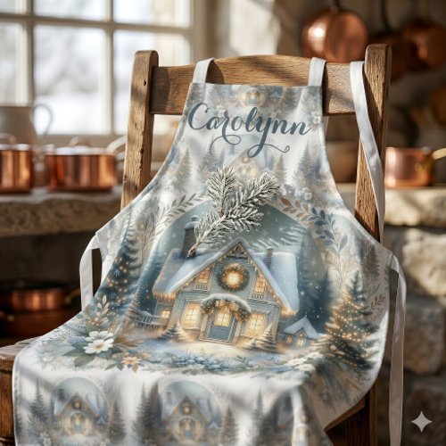 Snowy Cottage Glow Scene Apron