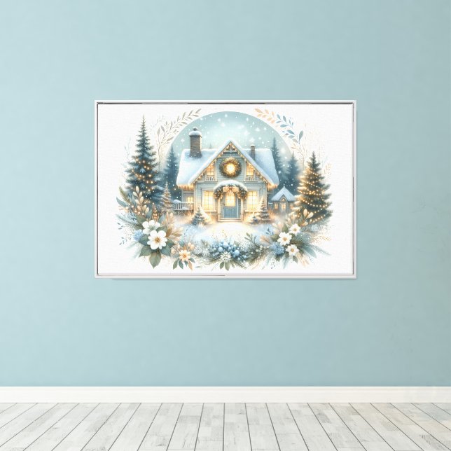 Snowy Cottage Glow Scene Canvas Print (Insitu(Wood Floor))