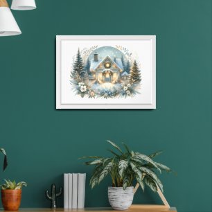 Snowy Cottage Glow Scene Framed Art
