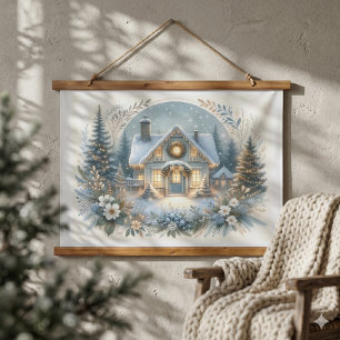 Snowy Cottage Glow Scene Hanging Tapestry