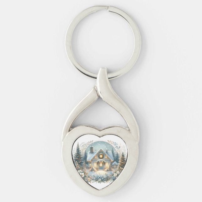 Snowy Cottage Glow Scene Keychain (Front)