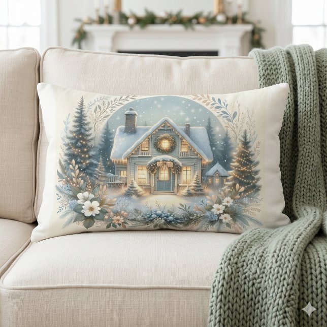 Snowy Cottage Glow Scene Lumbar Pillow (Snowy Cottage Glow Scene Lumbar Pillow)