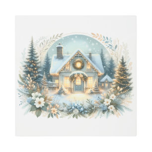 Snowy Cottage Glow Scene Metal Print