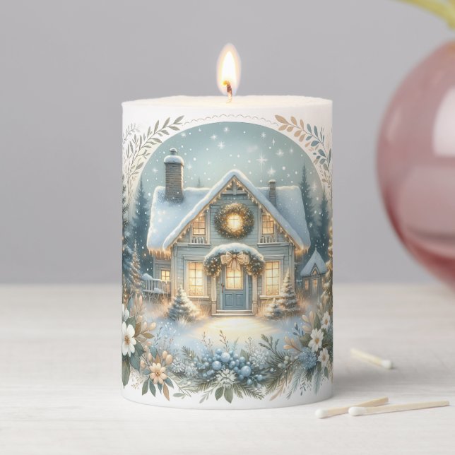 Snowy Cottage Glow Scene Pillar Candle (In Situ)