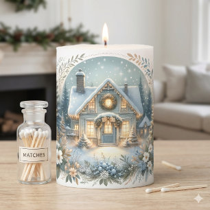 Snowy Cottage Glow Scene Pillar Candle