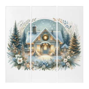 Snowy Cottage Glow Scene Triptych
