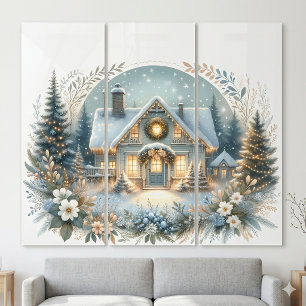 Snowy Cottage Glow Scene Triptych