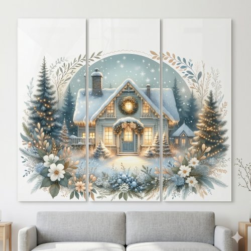 Snowy Cottage Glow Scene Triptych