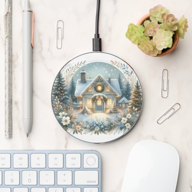 Snowy Cottage Glow Scene Wireless Charger (Desk)