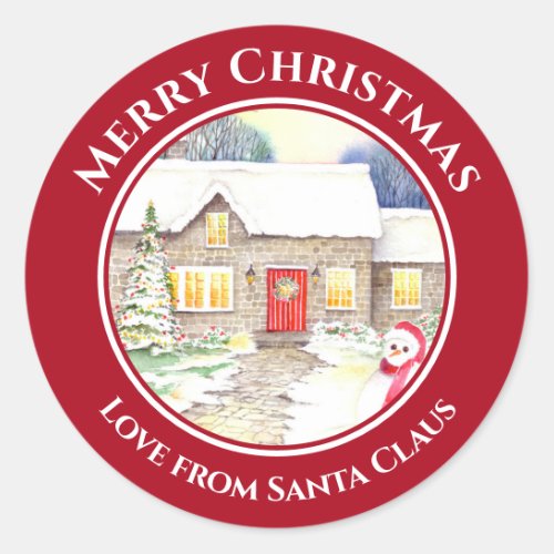 Snowy Cottage Merry Christmas from Santa Claus Classic Round Sticker