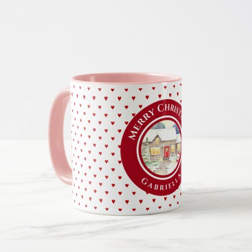 Snowy Cottage Merry Christmas Red Heart Pattern Mug