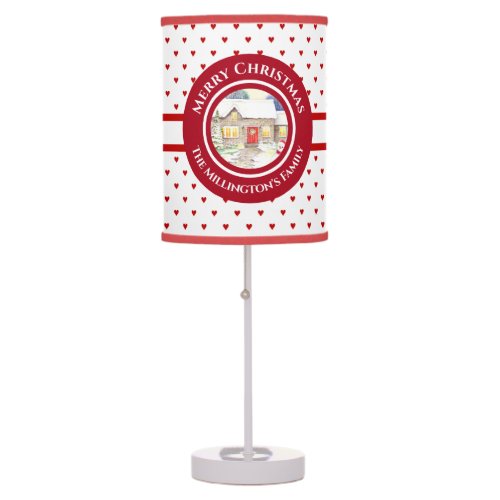 Snowy Cottage Merry Christmas Red Heart Pattern Table Lamp
