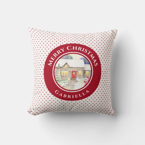 Snowy Cottage Merry Christmas Red Heart Pattern Throw Pillow