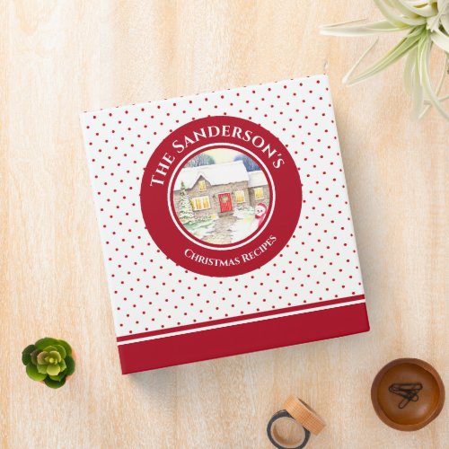 Snowy Cottage Polka Dots Christmas Family Recipes 3 Ring Binder