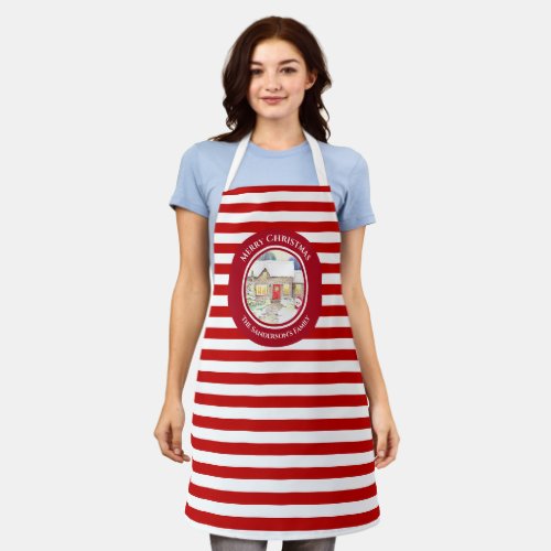 Snowy Cottage Snowman Watercolor Red Circle Apron