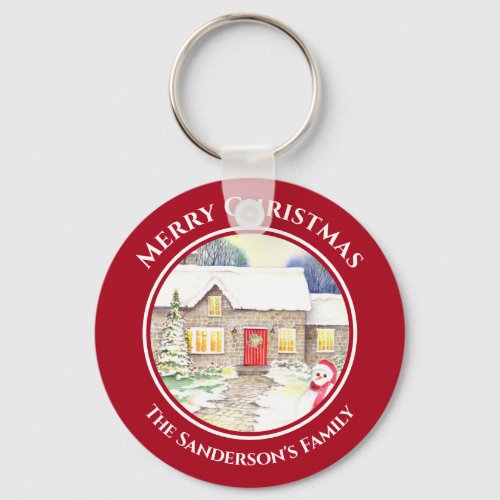 Snowy Cottage Snowman Watercolor Red Circle Keychain