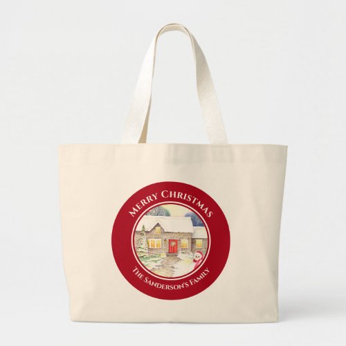Snowy Cottage Snowman Watercolor Red Circle Large Tote Bag