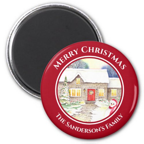 Snowy Cottage Snowman Watercolor Red Circle Magnet