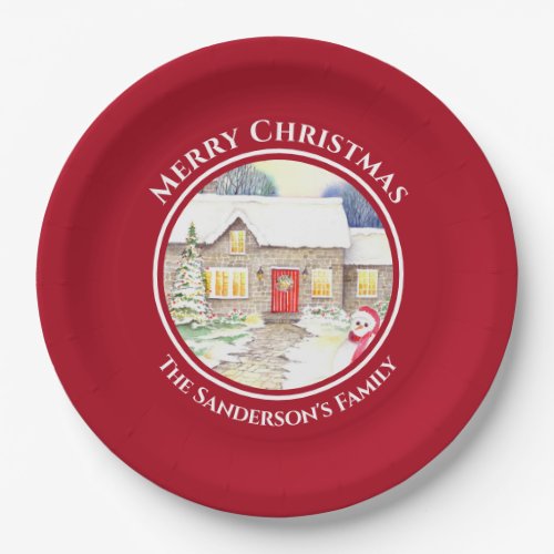Snowy Cottage Snowman Watercolor Red Circle Paper Plates