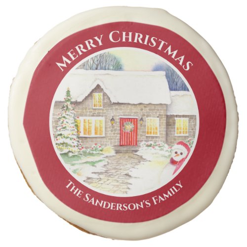 Snowy Cottage Snowman Watercolor Red Circle Sugar Cookie