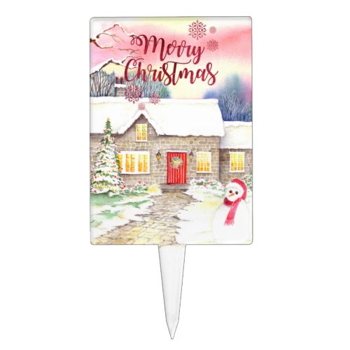 Snowy Cottage Watercolor by Farida Greenfield Cake Topper