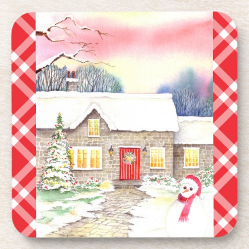 Snowy Cottage Watercolor Painting Beverage Coaster
