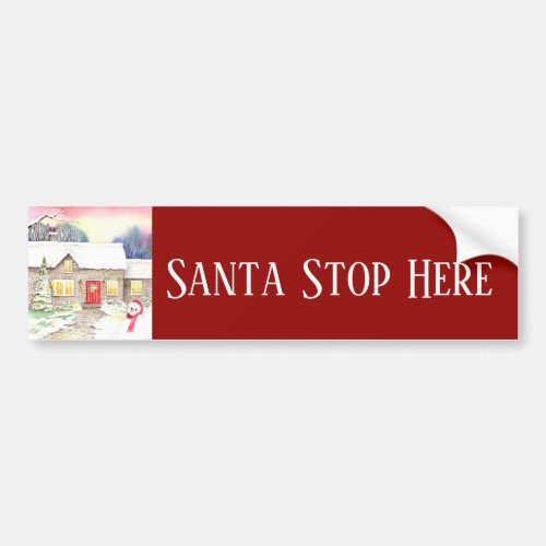 Snowy Cottage Watercolor Painting Bumper Sticker