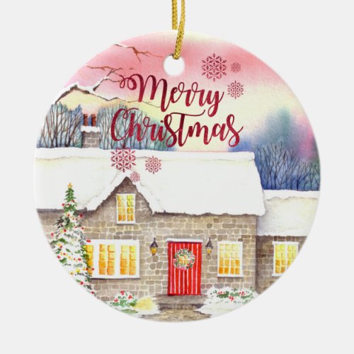 Snowy Cottage Watercolor Painting Ceramic Ornament