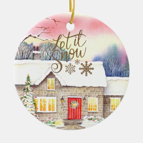 Snowy Cottage Watercolor Painting Ceramic Ornament