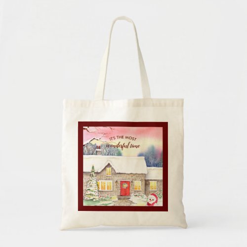 Snowy Cottage Watercolor Painting Christmas Time Tote Bag