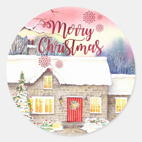Snowy Cottage Watercolor Painting Classic Round Sticker