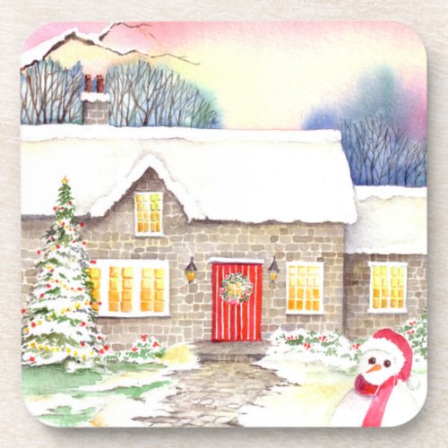 Snowy Cottage Watercolor Painting Drink Coaster