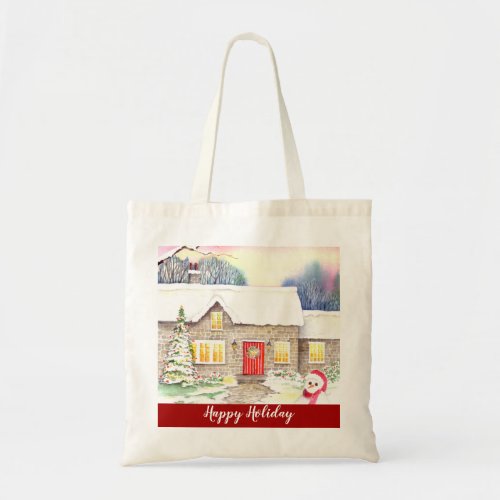 Snowy Cottage Watercolor Painting Happy Holiday Tote Bag