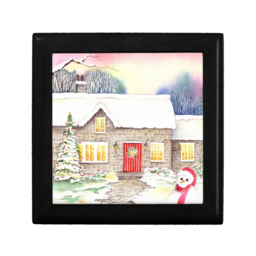 Snowy Cottage Watercolor Painting Jewelry Box