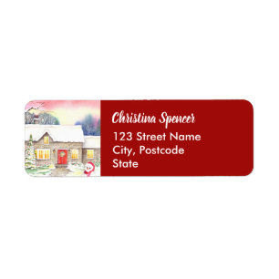 Snowy Cottage Watercolor Painting Label
