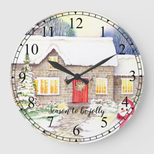 Snowy Cottage Watercolor Painting Large Clock