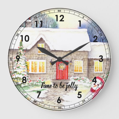 Snowy Cottage Watercolor Painting Large Clock
