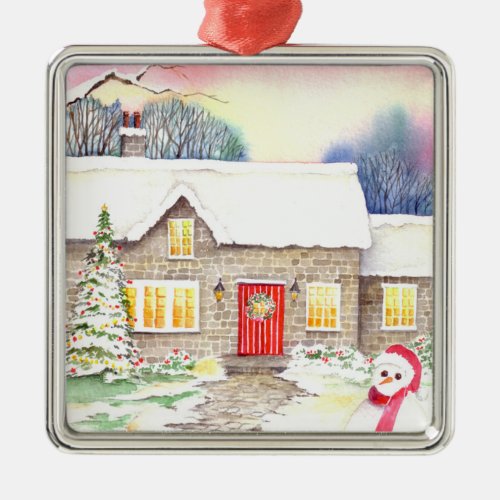 Snowy Cottage Watercolor Painting Metal Ornament