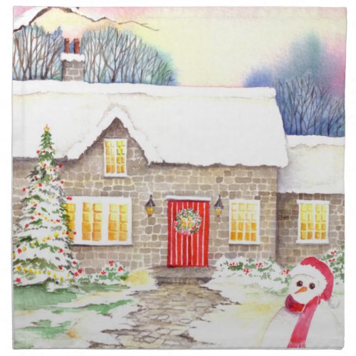 Snowy Cottage Watercolor Painting Napkin